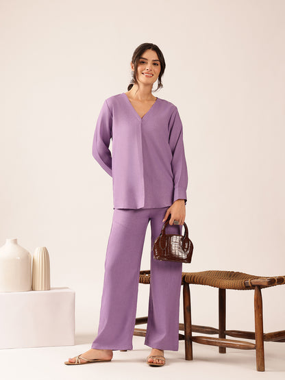 Lavender Solid Straight Linen Stitched Co-Ord Set