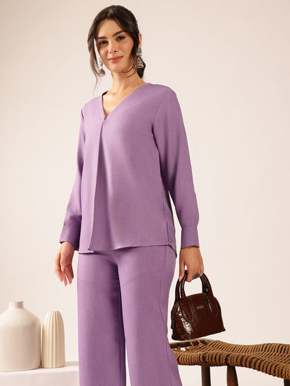 Lavender Solid Straight Linen Stitched Co-Ord Set