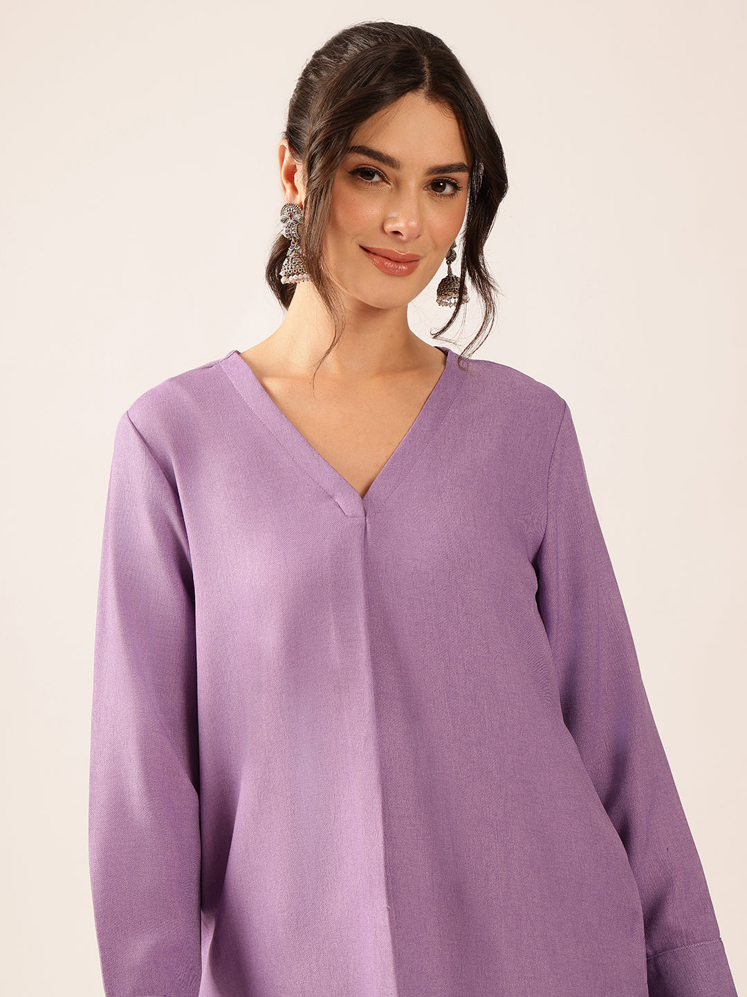 Lavender Solid Straight Linen Stitched Co-Ord Set