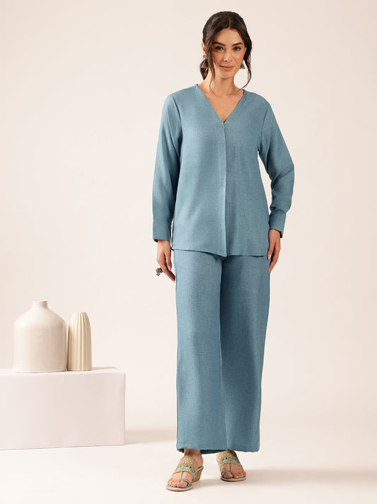 Teal Blue Solid Straight Linen Stitched Co-Ord Set
