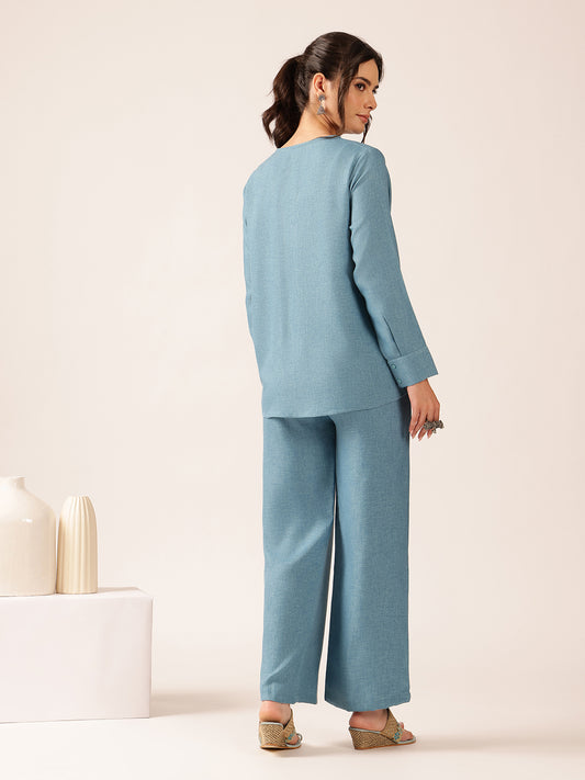 Teal Blue Solid Straight Linen Stitched Co-Ord Set