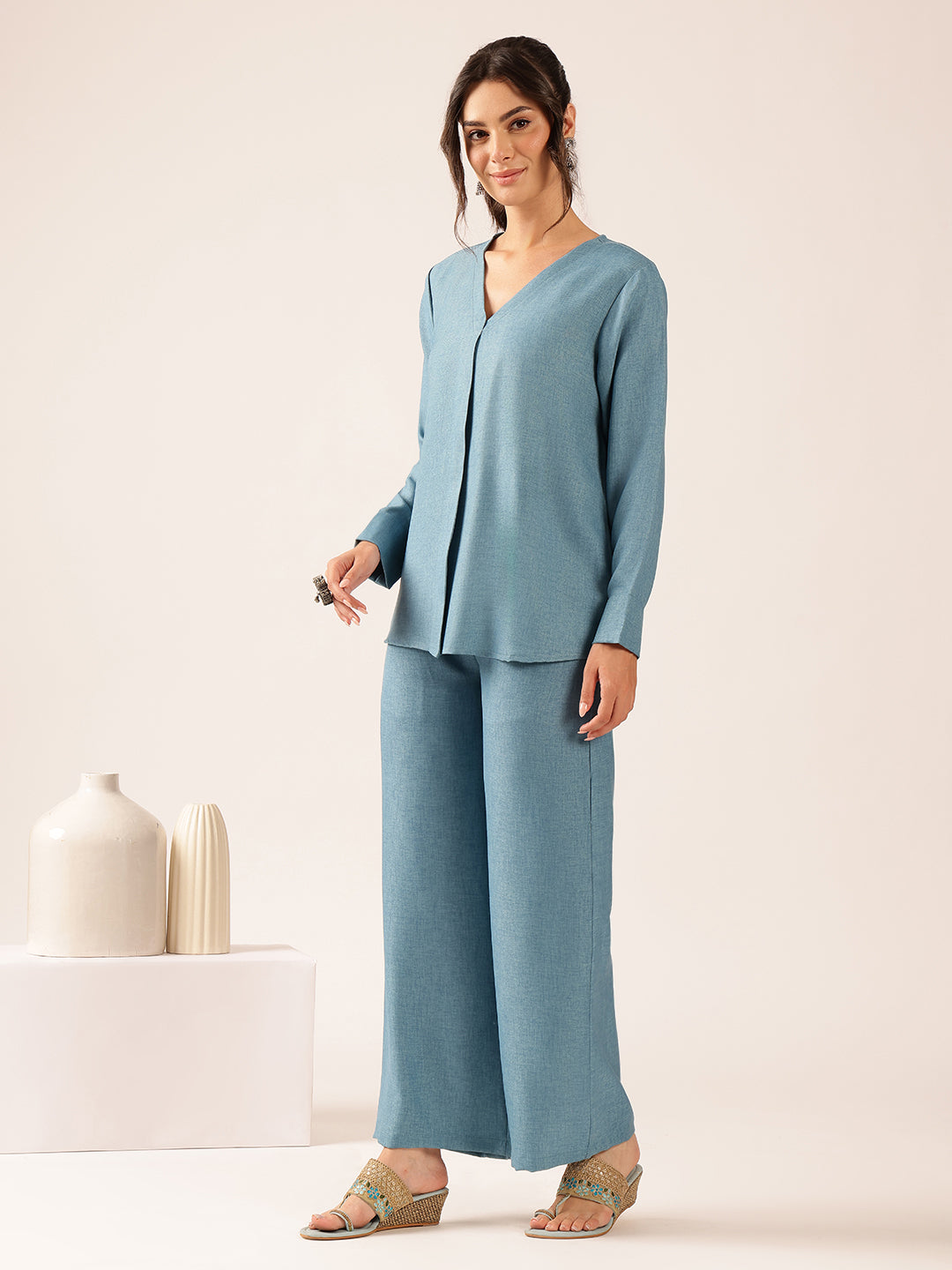 Teal Blue Solid Straight Linen Stitched Co-Ord Set