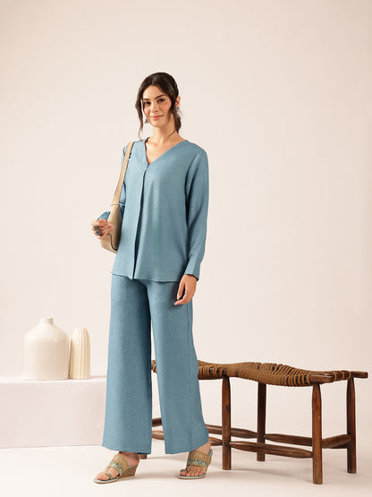 Teal Blue Solid Straight Linen Stitched Co-Ord Set