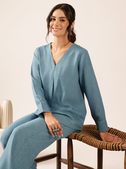 Teal Blue Solid Straight Linen Stitched Co-Ord Set