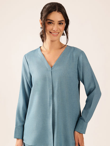 Teal Blue Solid Straight Linen Stitched Co-Ord Set