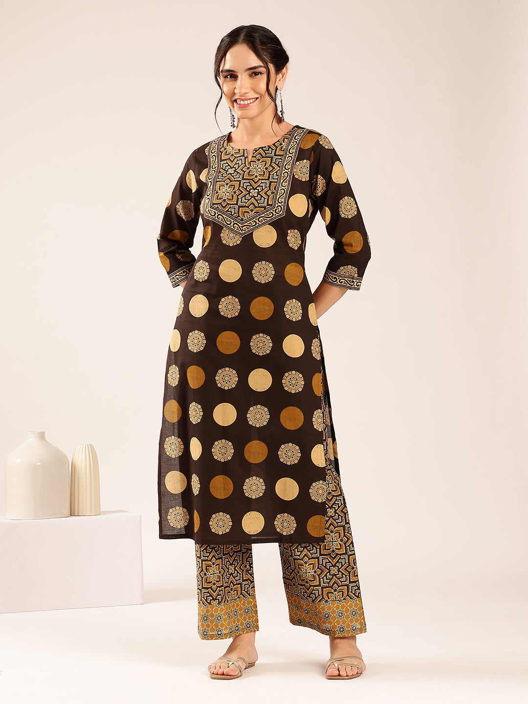 Brown Ajrakh Straight Cotton Stitched Kurta With Palazzo