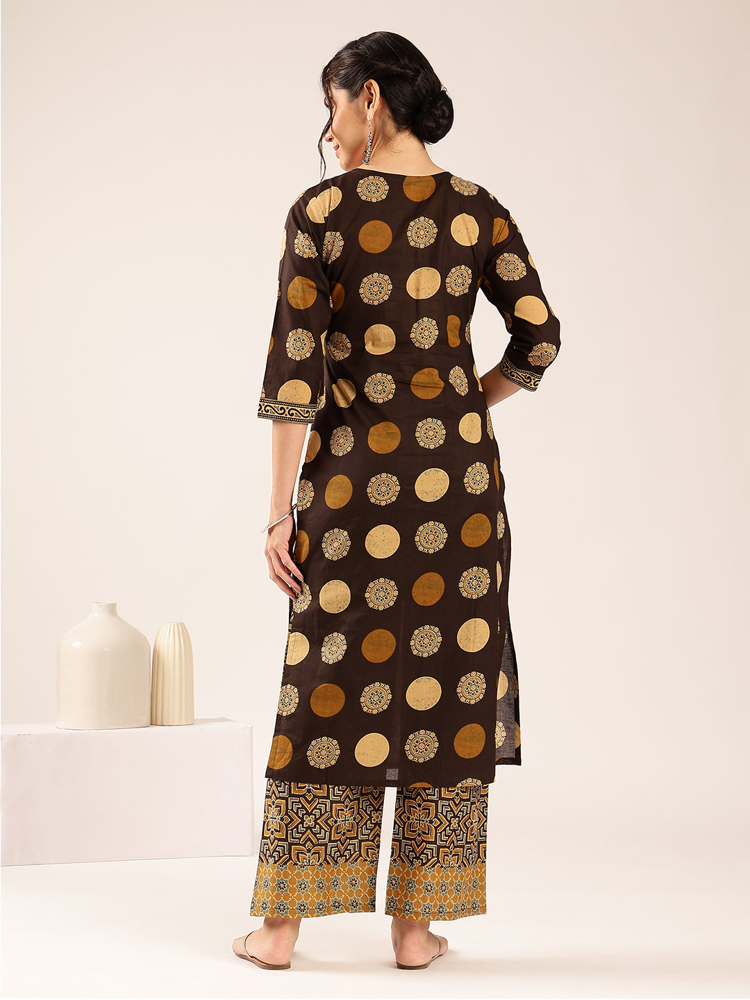 Brown Ajrakh Straight Cotton Stitched Kurta With Palazzo
