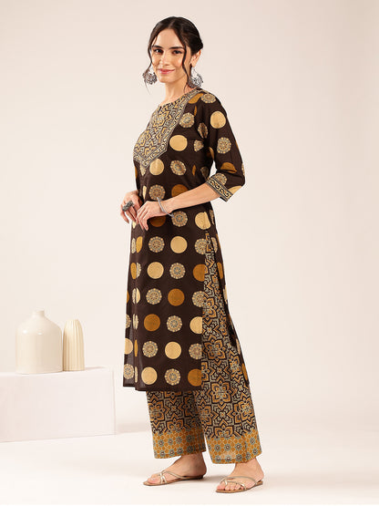 Brown Ajrakh Straight Cotton Stitched Kurta With Palazzo
