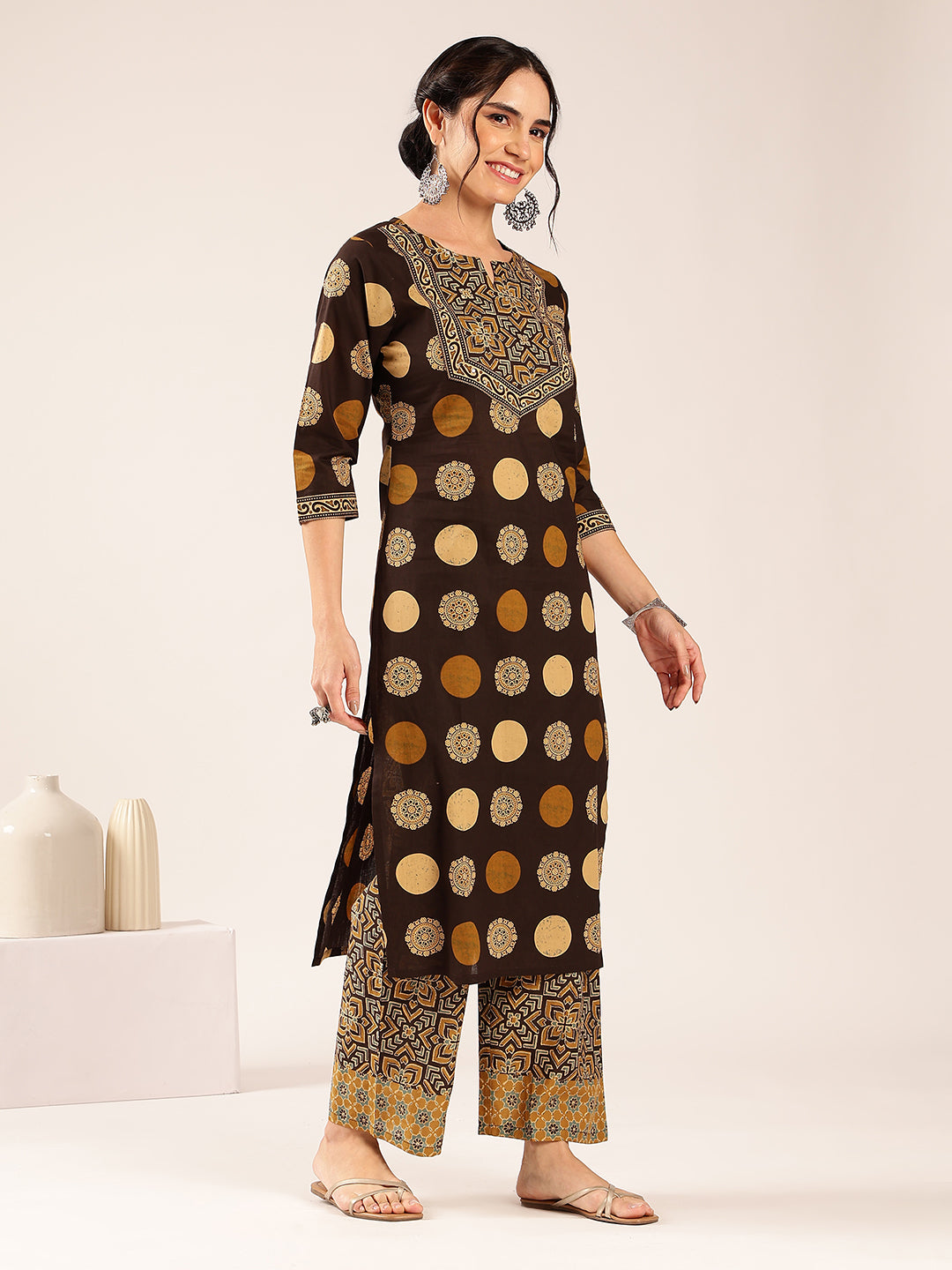 Brown Ajrakh Straight Cotton Stitched Kurta With Palazzo