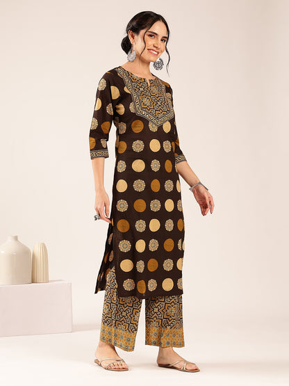 Brown Ajrakh Straight Cotton Stitched Kurta With Palazzo