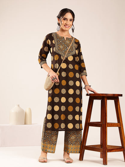 Brown Ajrakh Straight Cotton Stitched Kurta With Palazzo
