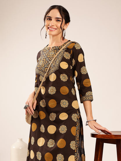 Brown Ajrakh Straight Cotton Stitched Kurta With Palazzo