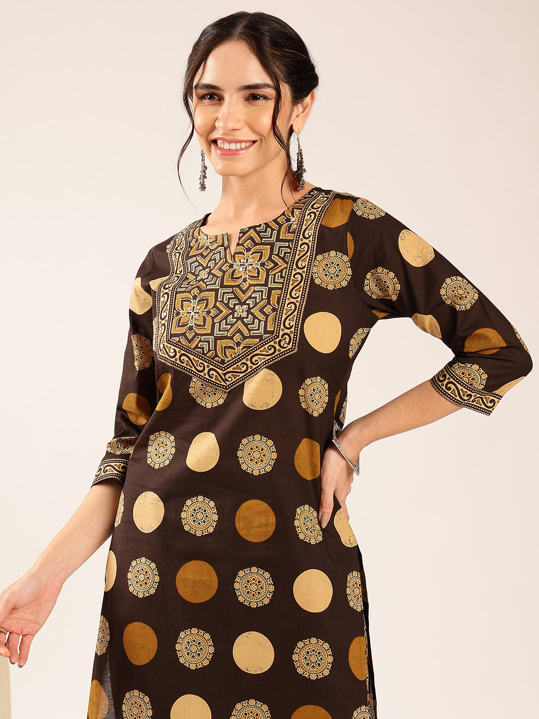 Brown Ajrakh Straight Cotton Stitched Kurta With Palazzo