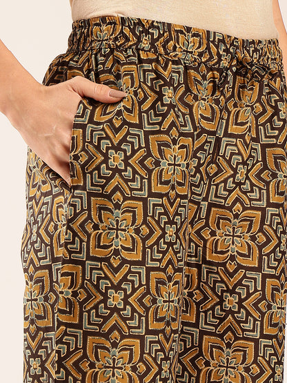 Brown Ajrakh Straight Cotton Stitched Kurta With Palazzo