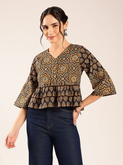 Brown Ajrakh Flared Cotton Stitched Top