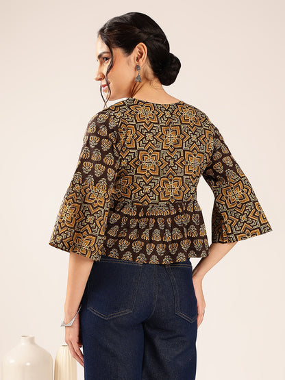 Brown Ajrakh Flared Cotton Stitched Top