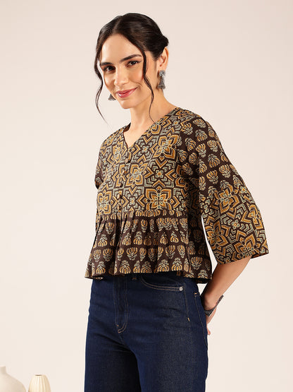 Brown Ajrakh Flared Cotton Stitched Top