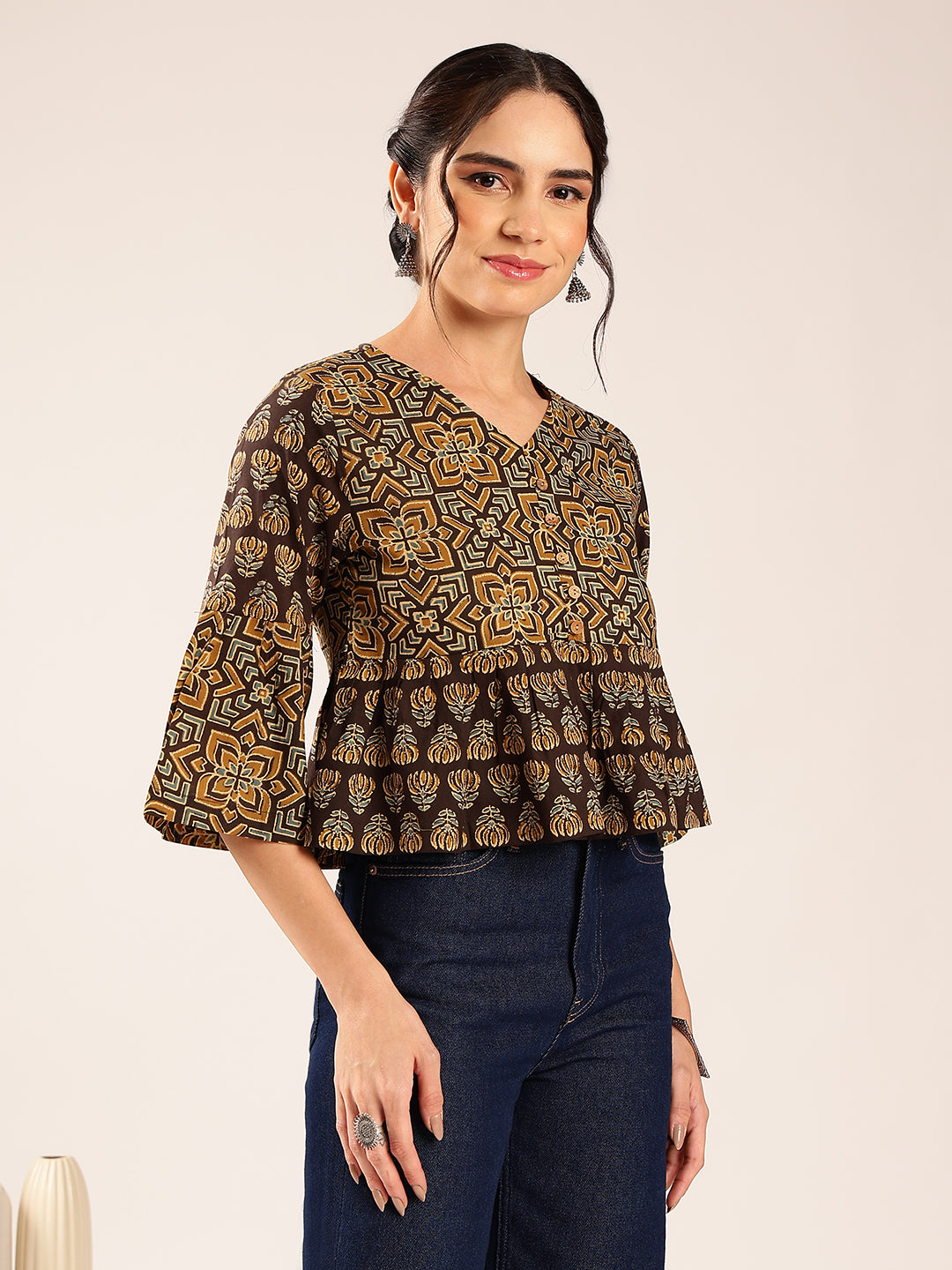 Brown Ajrakh Flared Cotton Stitched Top