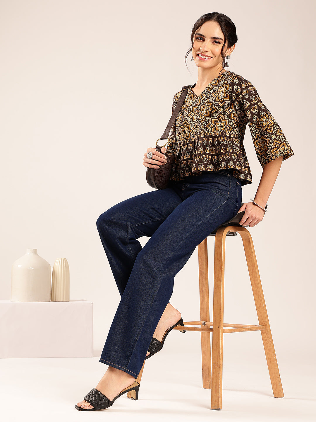 Brown Ajrakh Flared Cotton Stitched Top