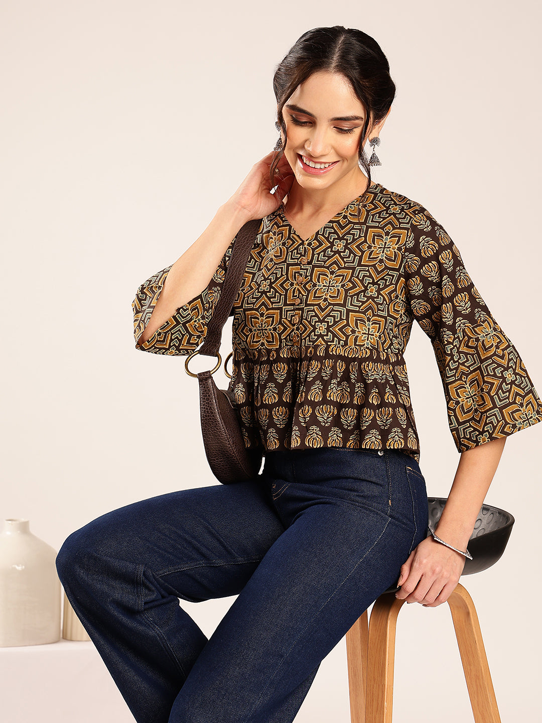 Brown Ajrakh Flared Cotton Stitched Top
