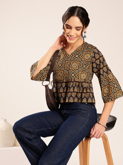 Brown Ajrakh Flared Cotton Stitched Top