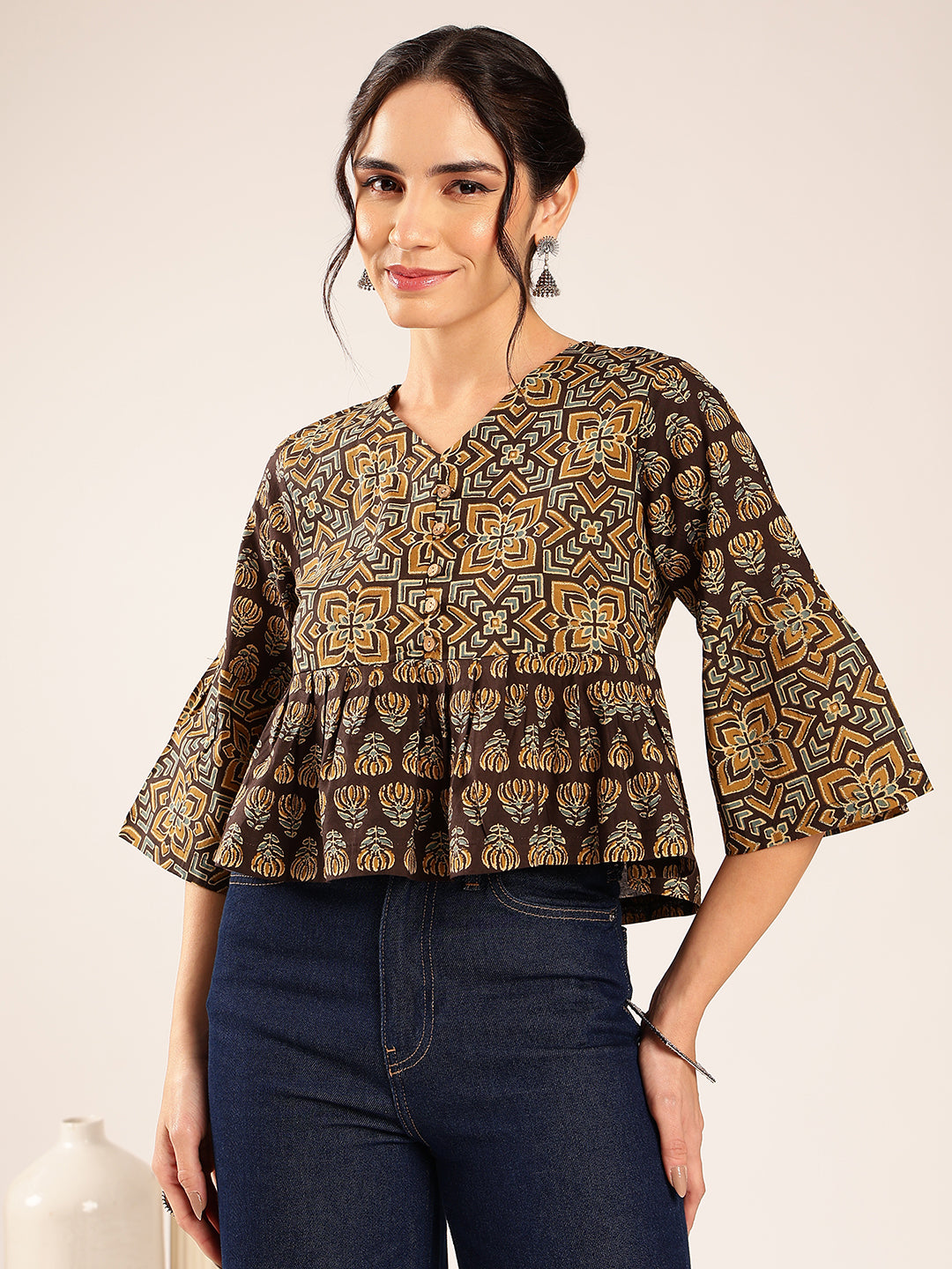 Brown Ajrakh Flared Cotton Stitched Top