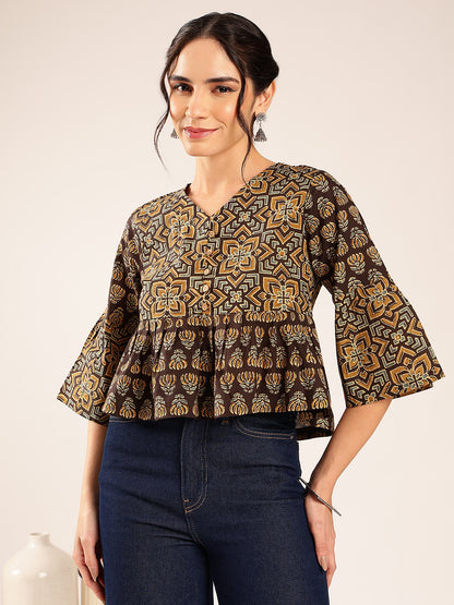 Brown Ajrakh Flared Cotton Stitched Top