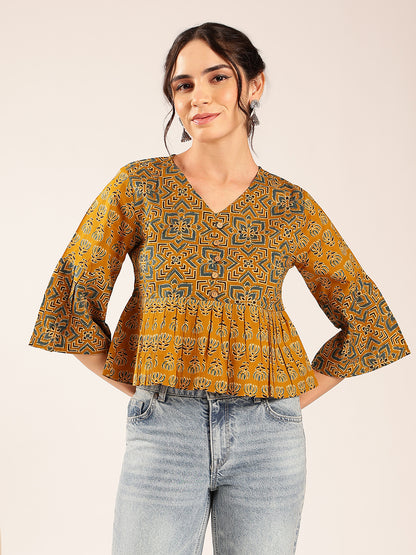 Mustard Ajrakh Flared Cotton Stitched Top