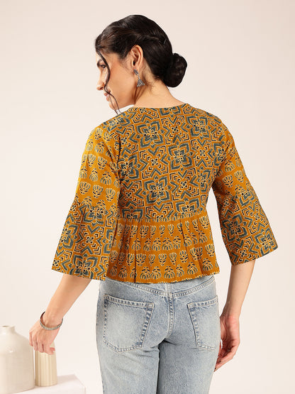 Mustard Ajrakh Flared Cotton Stitched Top