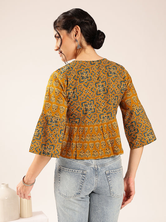 Mustard Ajrakh Flared Cotton Stitched Top