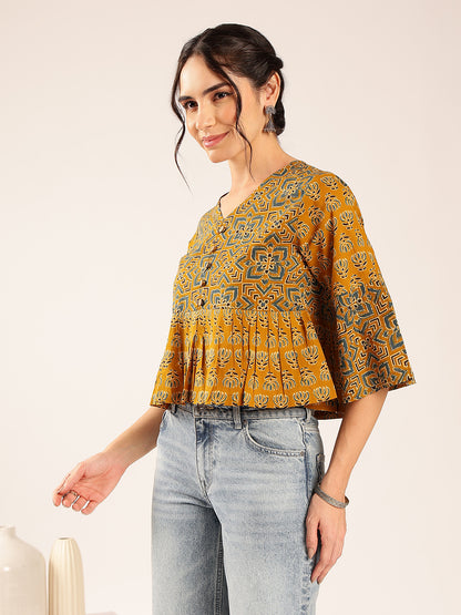 Mustard Ajrakh Flared Cotton Stitched Top