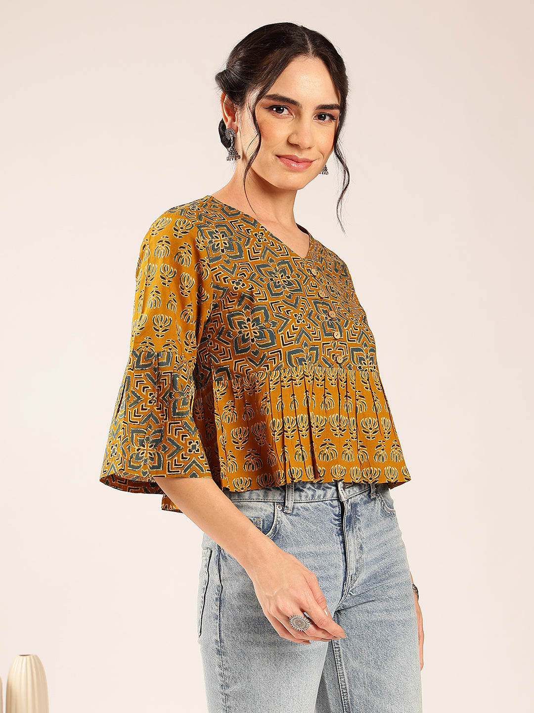 Mustard Ajrakh Flared Cotton Stitched Top