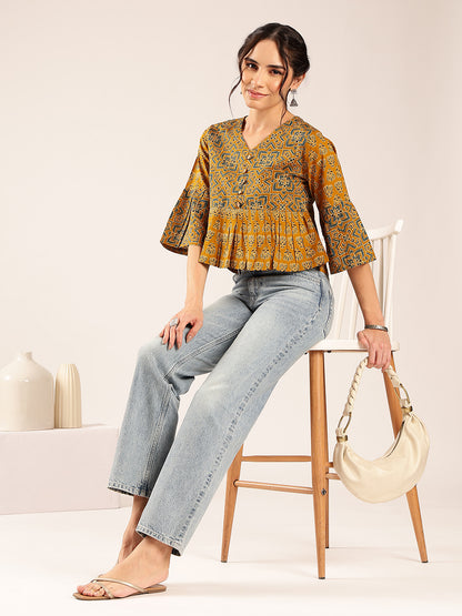 Mustard Ajrakh Flared Cotton Stitched Top