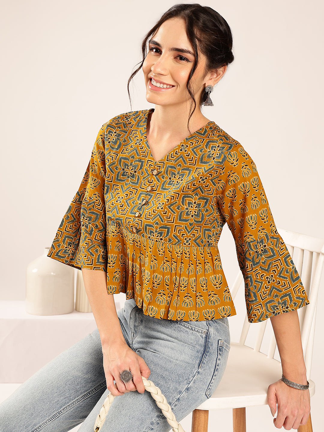 Mustard Ajrakh Flared Cotton Stitched Top