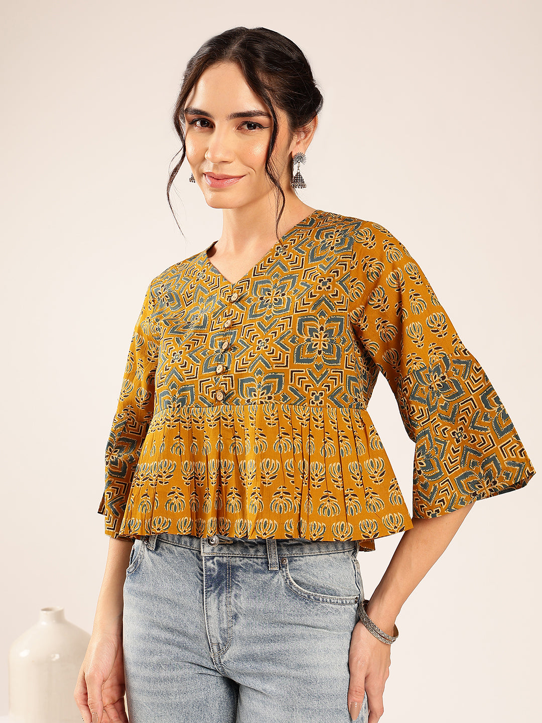Mustard Ajrakh Flared Cotton Stitched Top