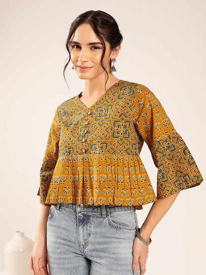 Mustard Ajrakh Flared Cotton Stitched Top