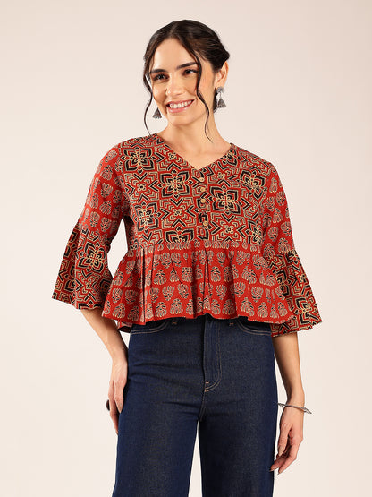 Red Ajrakh Flared Cotton Stitched Top