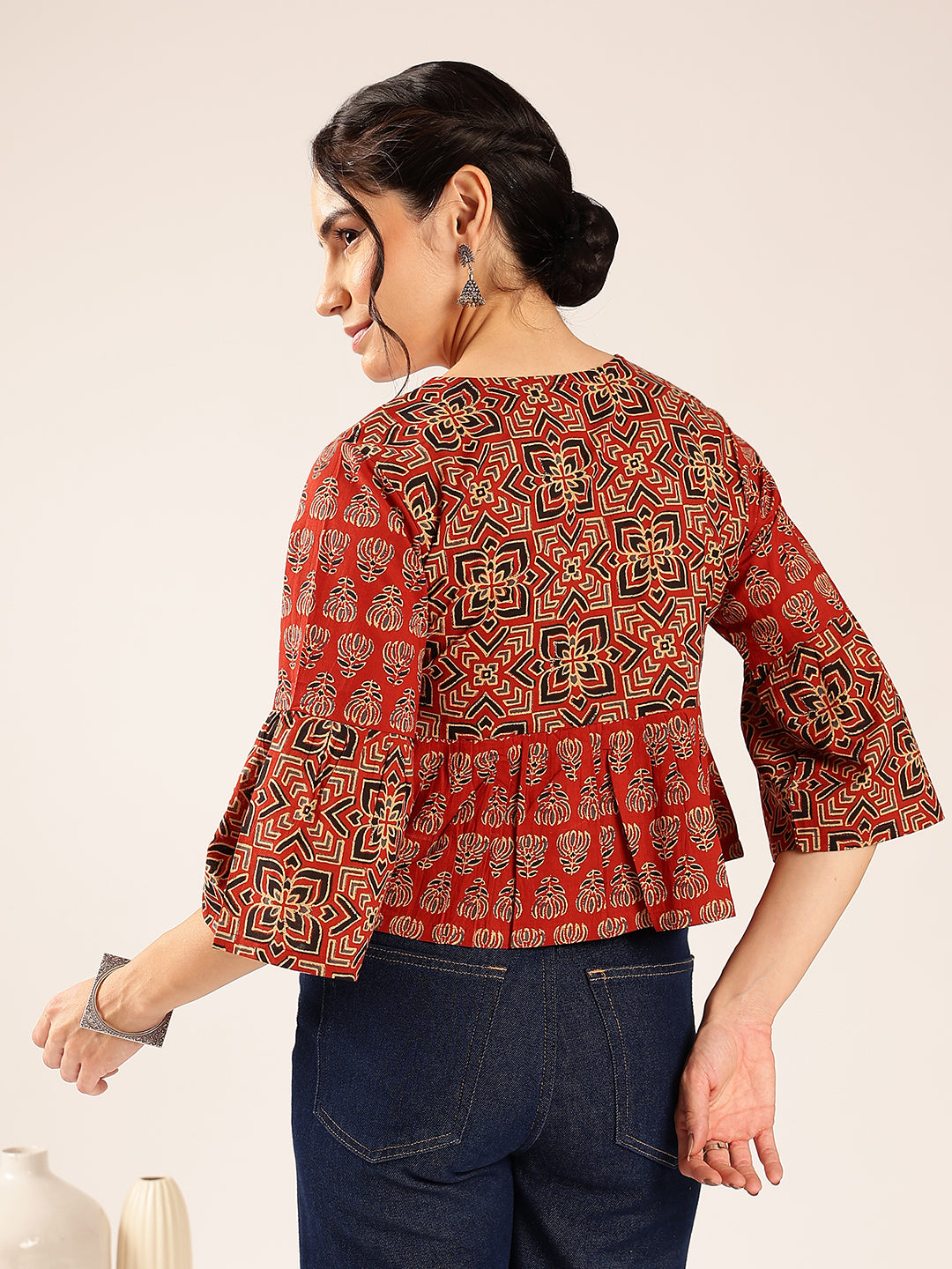 Red Ajrakh Flared Cotton Stitched Top