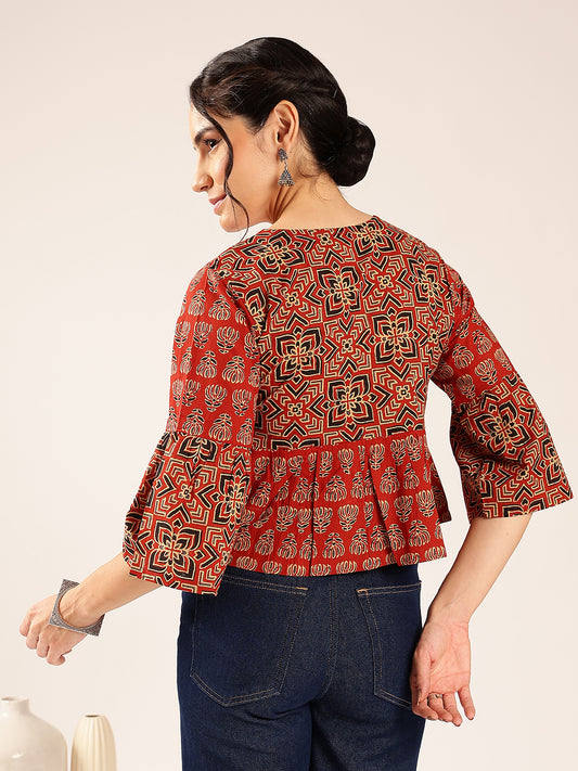 Red Ajrakh Flared Cotton Stitched Top