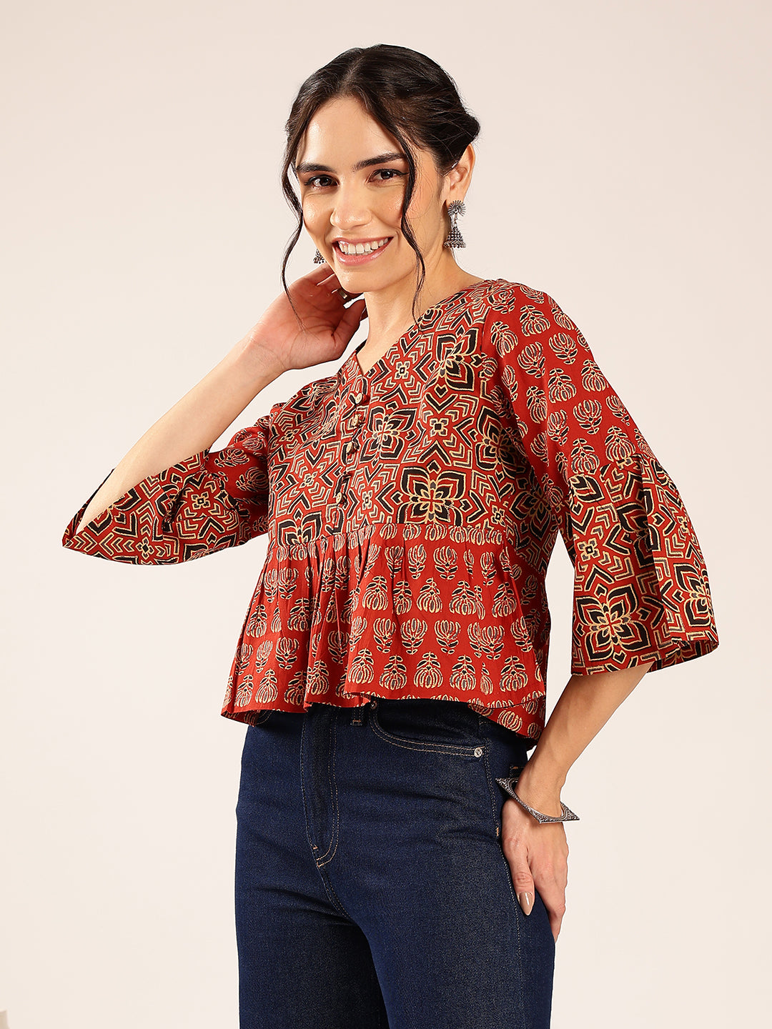 Red Ajrakh Flared Cotton Stitched Top
