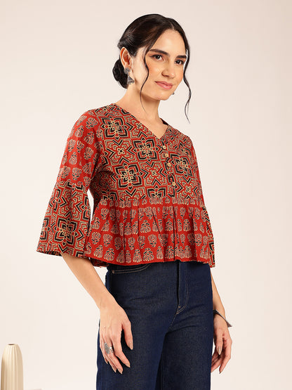 Red Ajrakh Flared Cotton Stitched Top