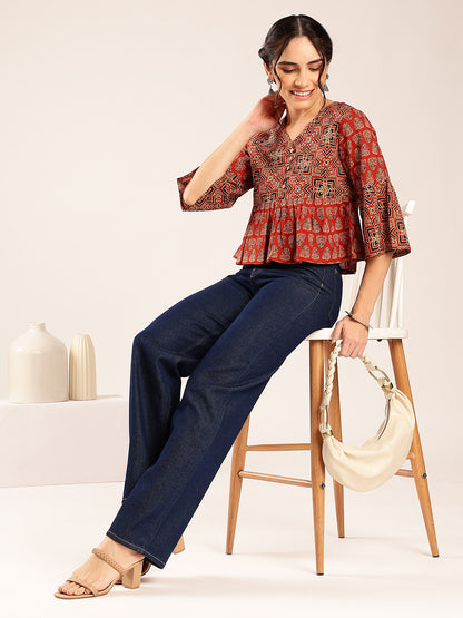 Red Ajrakh Flared Cotton Stitched Top