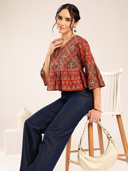 Red Ajrakh Flared Cotton Stitched Top