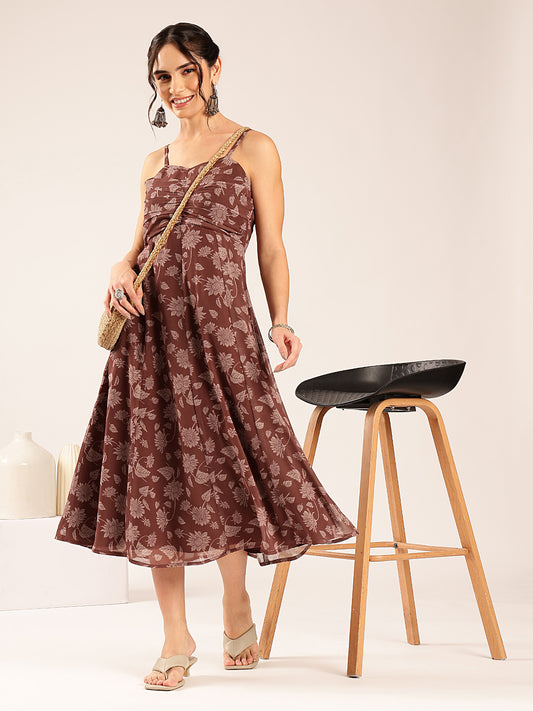 Coffee Floral Flared Georgette Stitched Dress