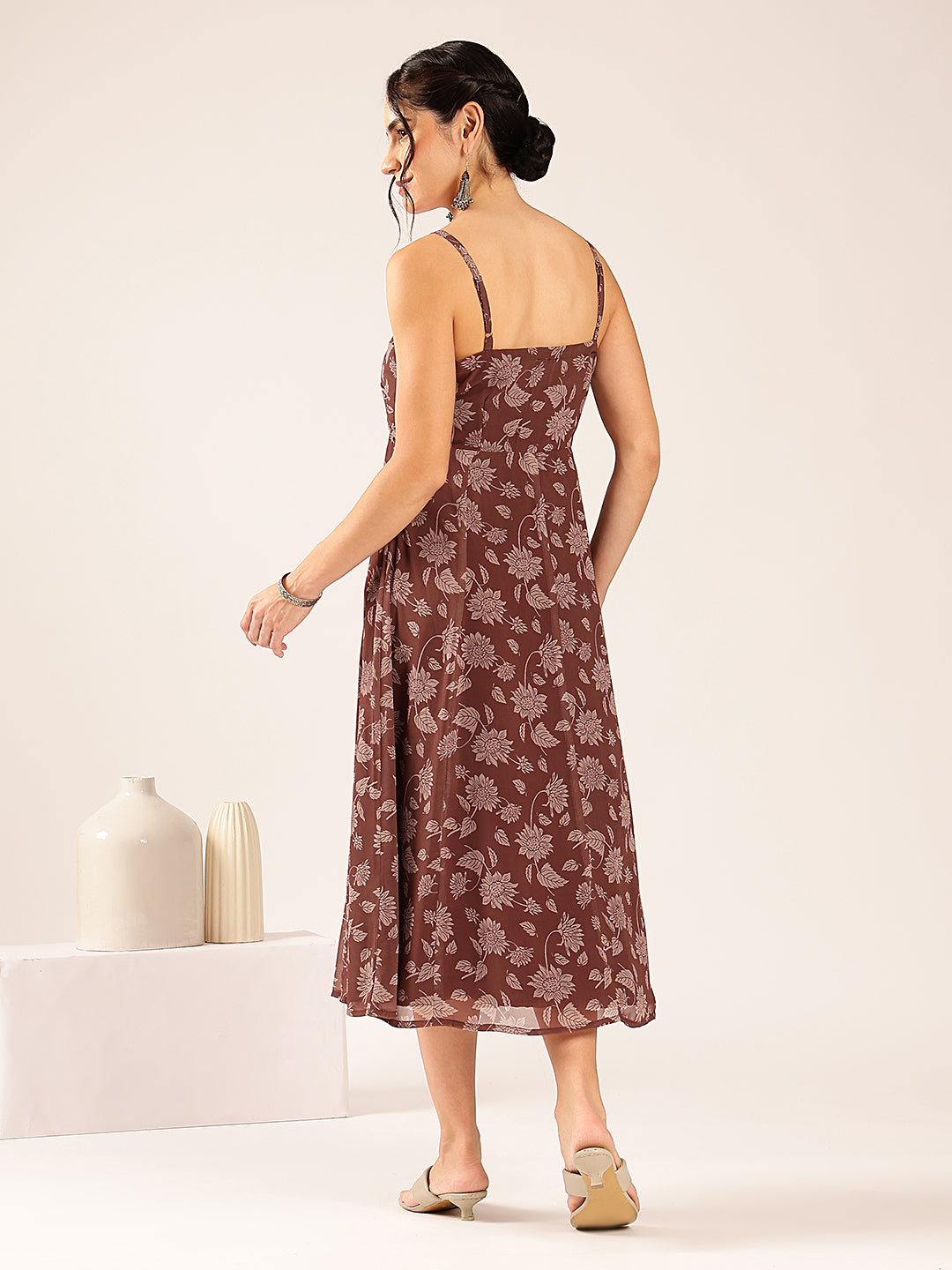 Coffee Floral Flared Georgette Stitched Dress