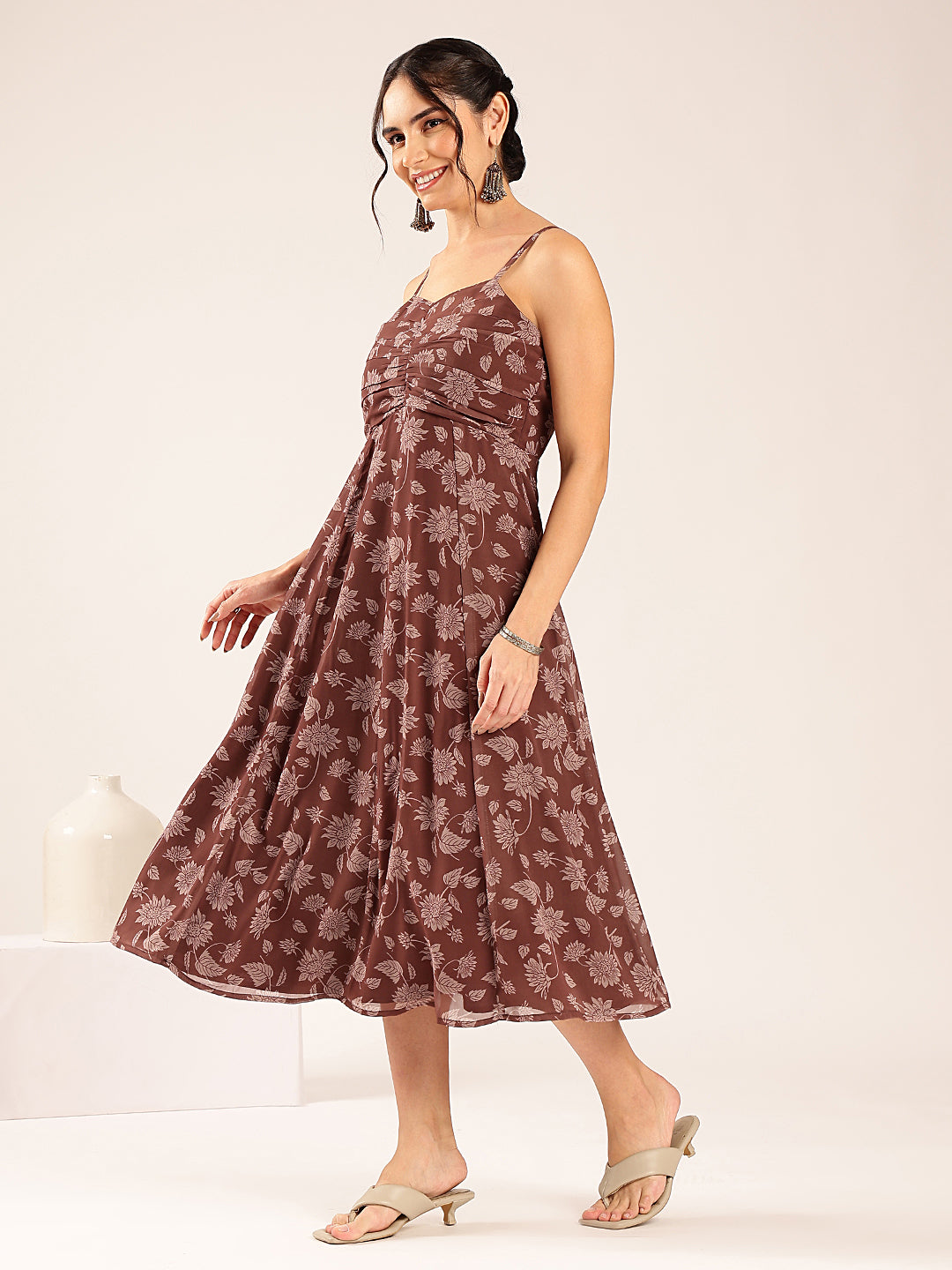 Coffee Floral Flared Georgette Stitched Dress