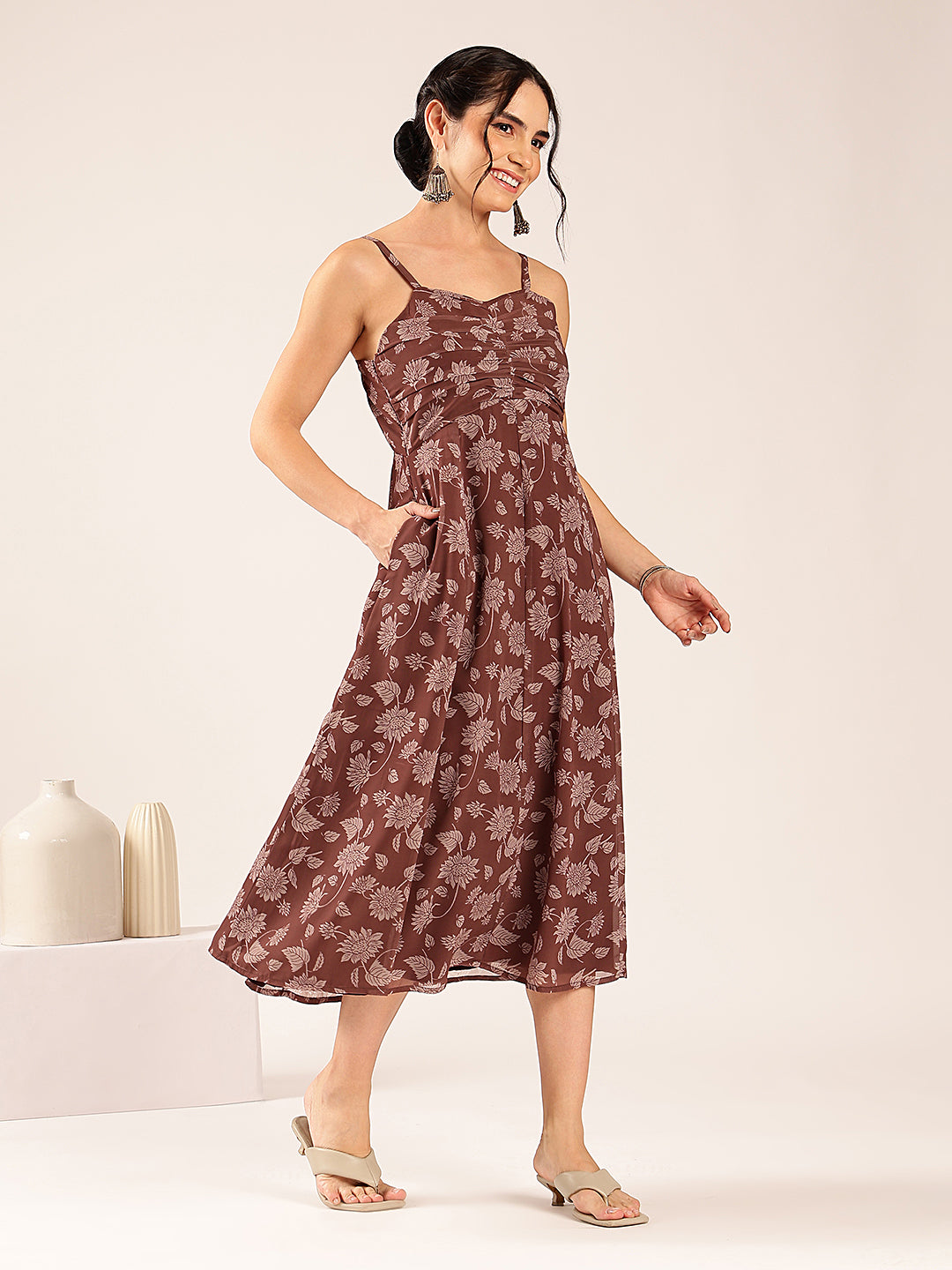 Coffee Floral Flared Georgette Stitched Dress
