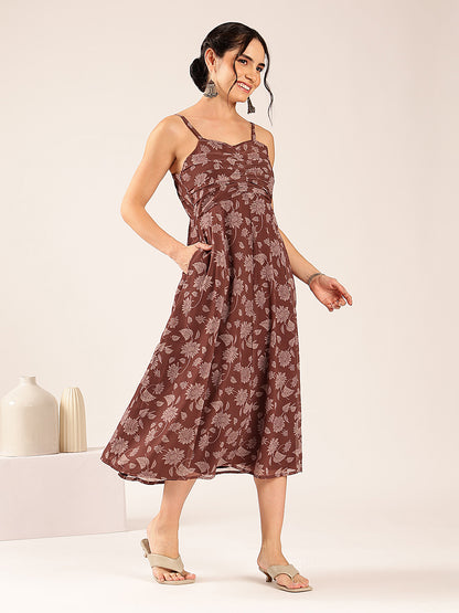 Coffee Floral Flared Georgette Stitched Dress