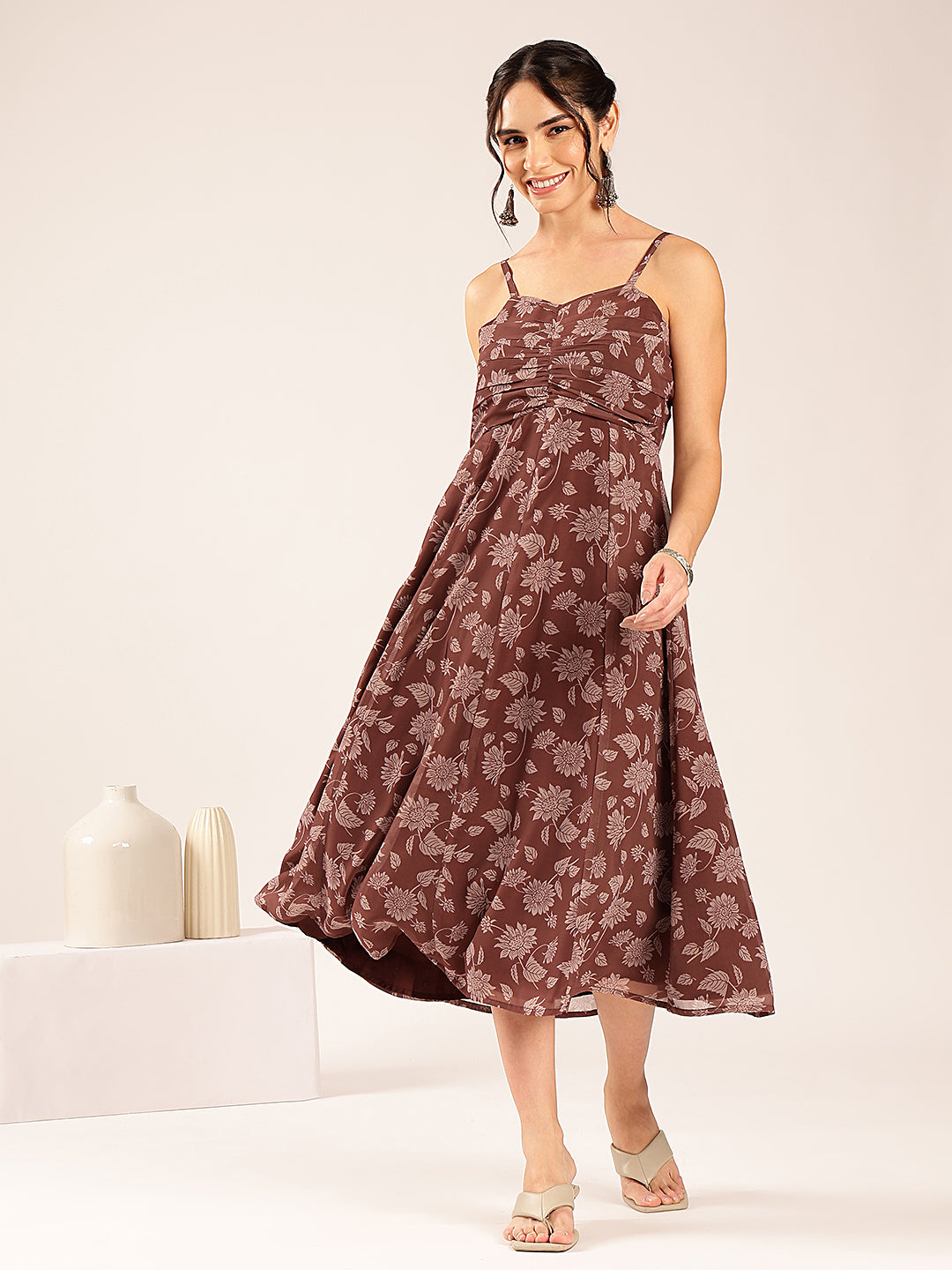 Coffee Floral Flared Georgette Stitched Dress