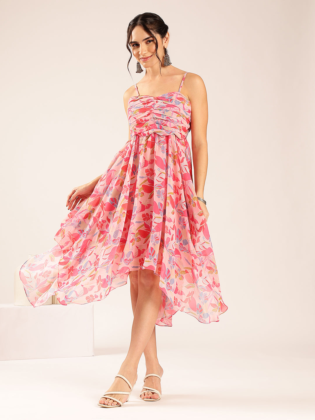 Pink Floral Up Down  Georgette Stitched Dress